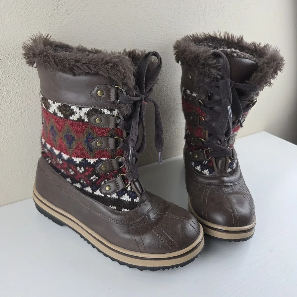 Muk‎ Luks Brown Aztec Knit Insulated Winter Boots 200g Thinsulate Women's Size 7